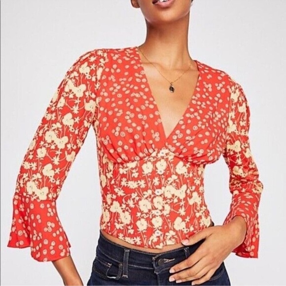 Free People Top Women’s XS Floral Lady Bohemian Crop Blouse Bell Sleeve DD